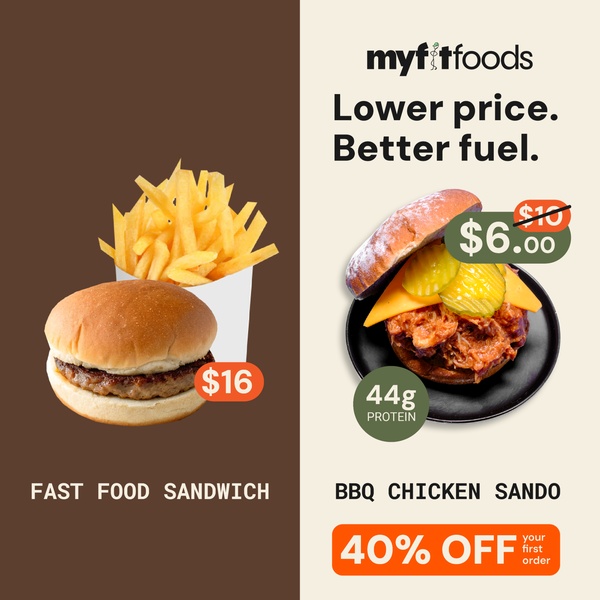 A square-ratio ad showing a direct visual and price comparison between a generic fast food sandwich and a healthier, branded alternative.